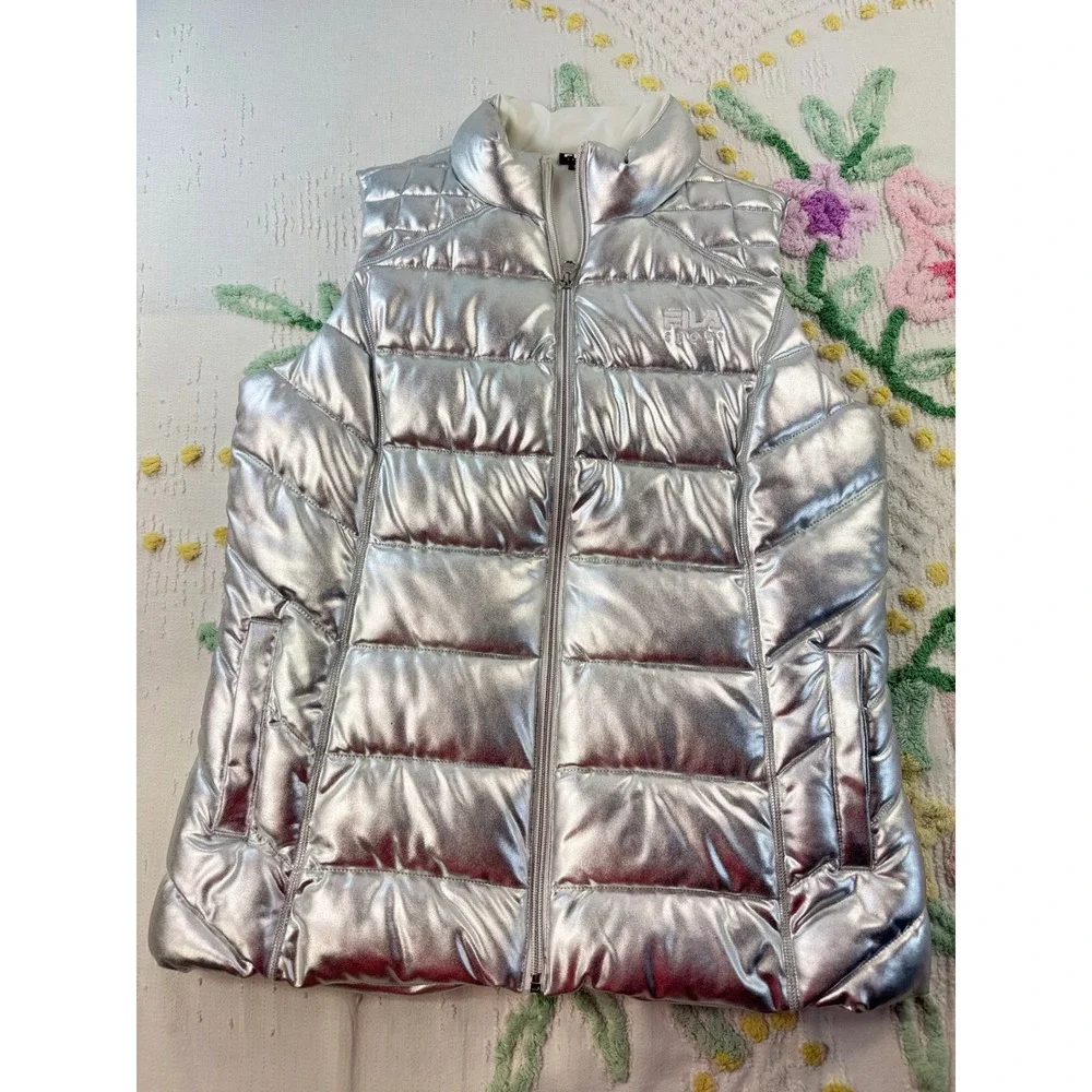 FILA SPORT Puffer Vest‎ Silver Metallic Full Zip Padded Jacket Size M